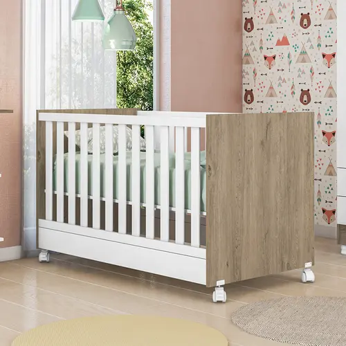 Berço Americano Mini Cama Doce Sonho Com Rodízio Carvalho/branca - Qmovi