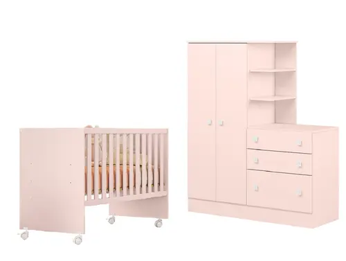 Quarto Infantil Guarda Roupa Com Cômoda 2 Portas 3 Gavetas Berço Rosa - Móveis Leartam