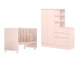 Quarto Infantil Guarda Roupa Com Cômoda 2 Portas 3 Gavetas Berço Rosa - Móveis Leartam