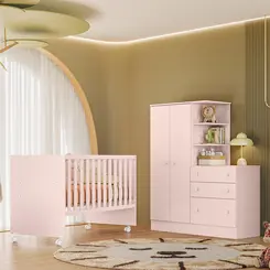 Jogo Quarto De Bebê Berço E Roupeiro Cômoda 2 Portas 3 Gavetas  - Rosa Acetinado Leartam Móveis