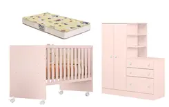 Jogo De Quarto Do Bebê Completo Berço Colchão E Roupeiro Rosa - Móveis Leartam