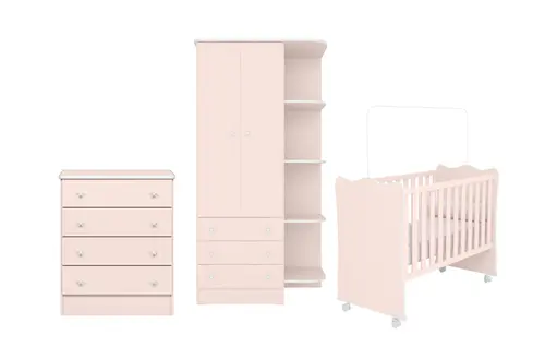 Quarto Infantil Com Berço Cômoda e Armário 2 Portas Com Prateleiras Rosa - Móveis Leartam