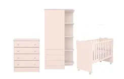 Quarto Infantil Com Berço Cômoda e Armário 2 Portas Com Prateleiras Rosa - Móveis Leartam
