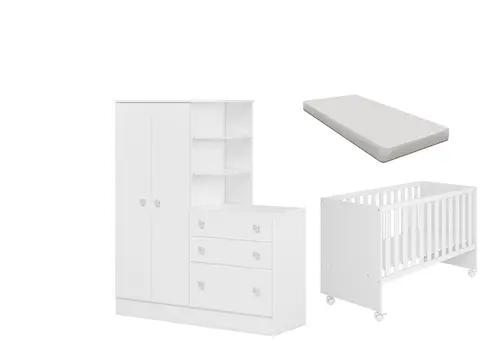 Quarto De Bebê Completo Berço Com Colchão Roupeiro 2 Portas 3 Gavetas Branco - Leartam Móveis