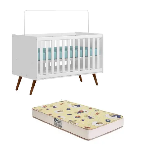 Berço Cama Mdp Americano Pés Palito Encanto Retrô Branco Com Colchão - Qmovi