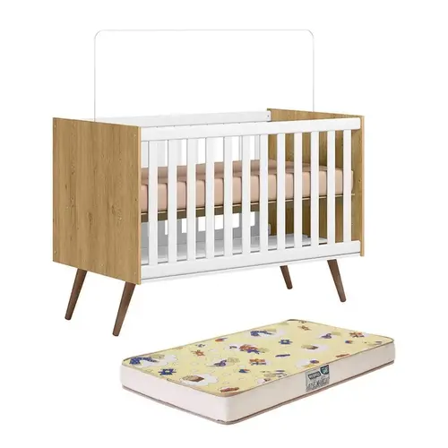Berço Mini Cama Pés Palito  Retrô Freijó Branco  e Colchão - Qmovi
