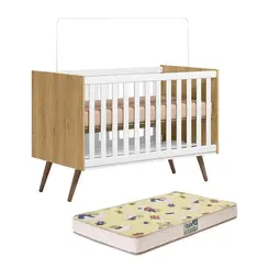 Berço Mini Cama Pés Palito  Retrô Freijó Branco  e Colchão - Qmovi