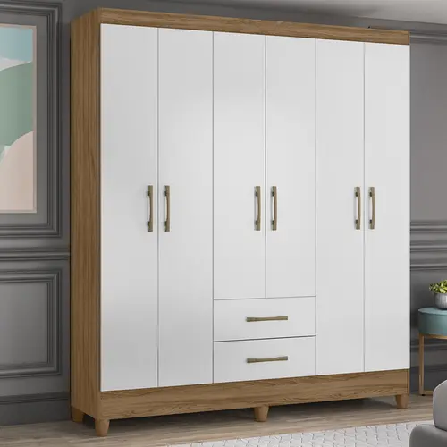Guarda Roupa  Com 6 Portas 2 Gavetas Panamá Nature / Branco - Móveis Leartam