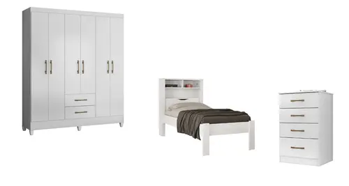 Quarto Solteiro Evolution Roupeiro 6 Portas Cama e Cômoda - Móveis Leartam
