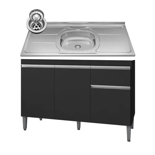 Balcão Gabinete Com Pia Inox 120 cm 3 Portas e 1 Gaveta Tatiane Preto  AJL Móveis