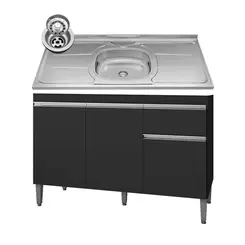 Kit De Cozinha Balcão  Com Pia Inox 120 cm 3 Portas e 1 Gaveta Preto Tatiane - Móveis Leartam