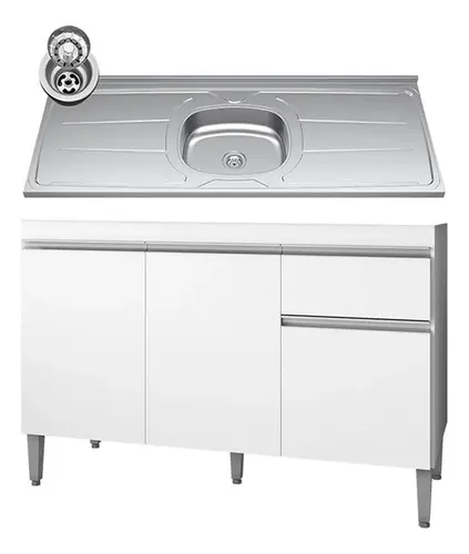Kit De Cozinha Tatiane Com Balcão e Pia Inox 120 cm 3 Portas e 1 Gaveta - Móveis Leartam