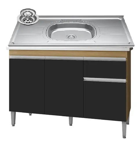 Balcão De Cozinha Com Tampo Pia Inox 120cm 3 Portas 1 Gaveta  - Móveis Leartam