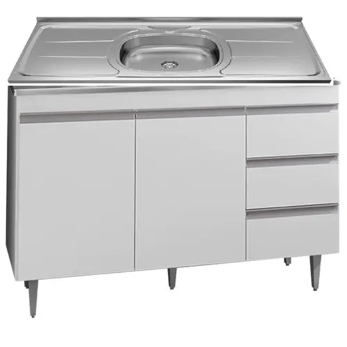 Balcão Gabinete  De Cozinha Com Pia Inox 120cm  2 Portas 3 Gavetas Andréia - Ajl