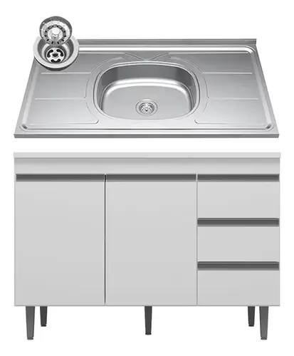 Balcão De Cozinha Com Pia Inox 120cm 2 Portas 3 Gavetas Branco  - Móveis Leartam