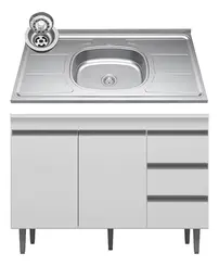 Balcão De Cozinha Com Pia Inox 120cm 2 Portas 3 Gavetas Branco  - Móveis Leartam