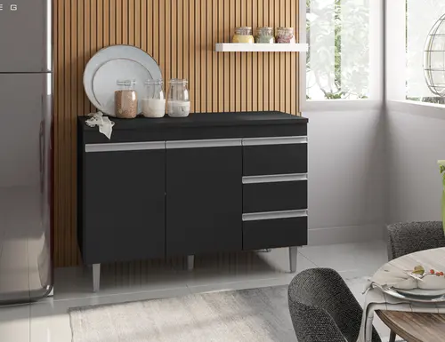 Balcão De Cozinha Andréia Com Tampo MDP 120 Cm Preto Fosco - Móveis Leartam