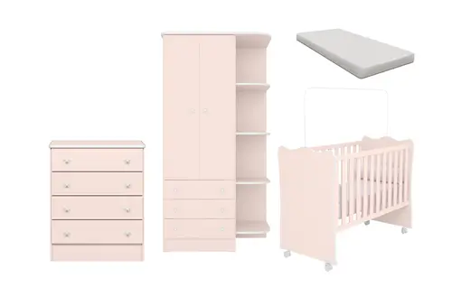 Jogo De Quarto Infantil Berço Colchão D-18 Com Cômoda e Guarda Roupa 2 Portas Rosa - Móveis Leartam