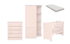 Jogo De Quarto Infantil Berço Colchão D-18 Com Cômoda e Guarda Roupa 2 Portas Rosa - Móveis Leartam