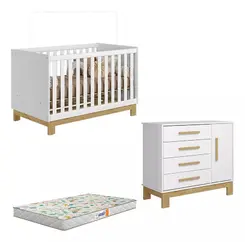 jogo de quarto Infantil Cômoda 4355 Com 4 gavetas e Berço Americano 4315 Branco Acetinado - Qmovi