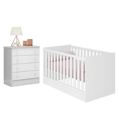 Jogo De Quarto Infantil Doce Sonho Cômoda 4 Gavetas E Berço Mini Cama - Qmovi