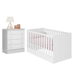 Jogo De Quarto Infantil Doce Sonho Cômoda 4 Gavetas E Berço Mini Cama - Qmovi