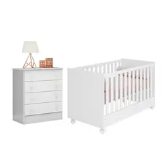 Berço Mini Cama Com  Cômoda Doce Sonho Branco Com Rodízios Qmovi