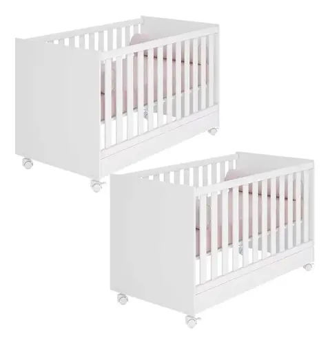 Berço Padrão Americano Com Rodizios Para Quarto De Gemeos Kit 2 Peças - Branco Móveis Leartam