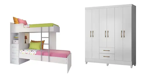 Guarda Roupa 6 Portas 2 Gavetas Com Cama Beliche Plus Para Quarto Juvenil - Móveis Leartam