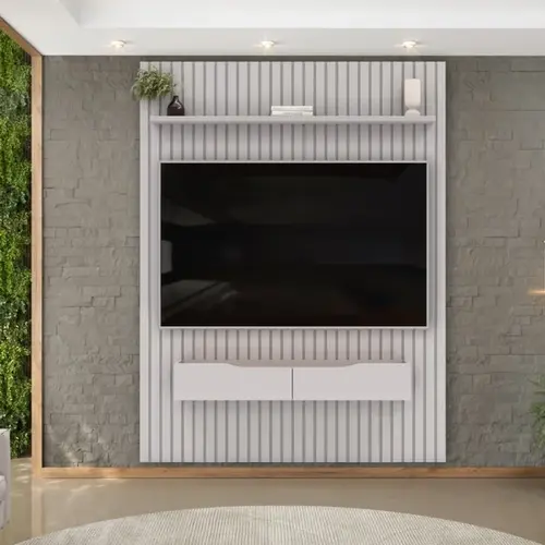 Rack Bancada Com Painel P/ Tv Até 65 Pol  Ripado 2 Gavetas 183x240cm Bali - Leartam Móveis