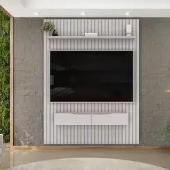 Rack Bancada Com Painel P/ Tv Até 65 Pol  Ripado 2 Gavetas 183x240cm Bali - Leartam Móveis