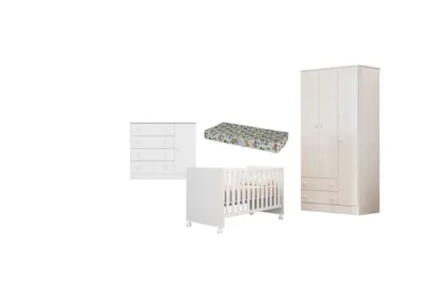 Jogo De Quarto Completo Bebê Lily Berço Com Colchão Roupeiro Branco - Qmovi