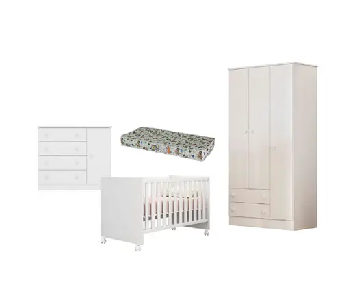 Quarto Completo Bebê Com Berço Colchão Roupeiro e Cômoda  - Qmovi