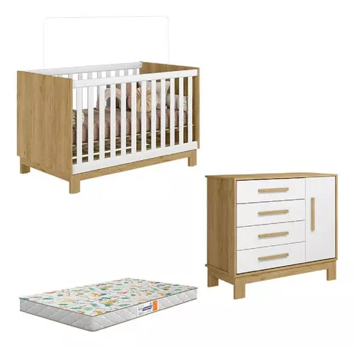 Jogo De Quarto Infantil Berço Com Colchão e Cômoda Sapateira Branco Freijó Qmovi
