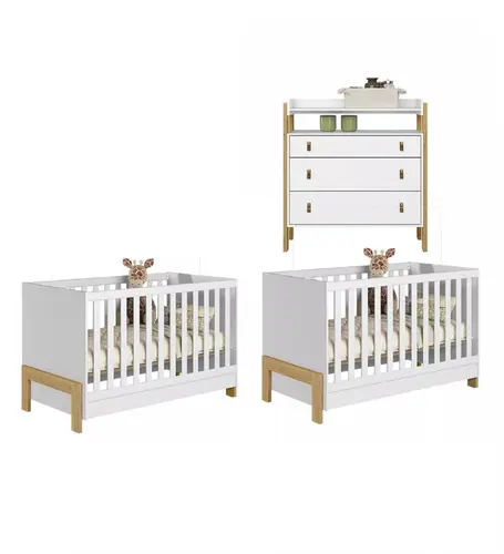 Jogo De Quarto Infantil Gêmeos Com 2 Berços Encanto Fantasy E Cômoda Branco