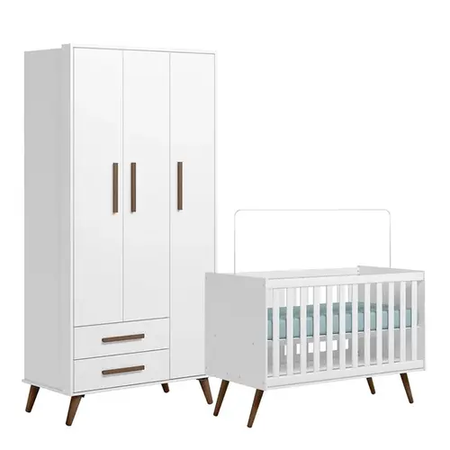 Quarto Infantil Com Berço 3820  e Roupeiro 3 Portas 3830 Branco Acetinado - Qmovi