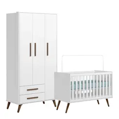 Quarto Infantil Com Berço 3820  e Roupeiro 3 Portas 3830 Branco Acetinado - Qmovi