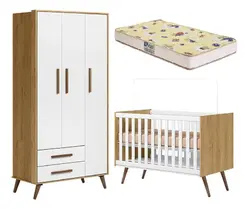Quarto Infantil Completo Com Berço Colchão e Guarda Roupa 3 Portas - Qmovi