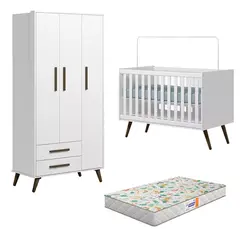 Quarto Infantil Com Berço Colchão e Guarda Roupa Retrô  Branco Acetinado - Leartam