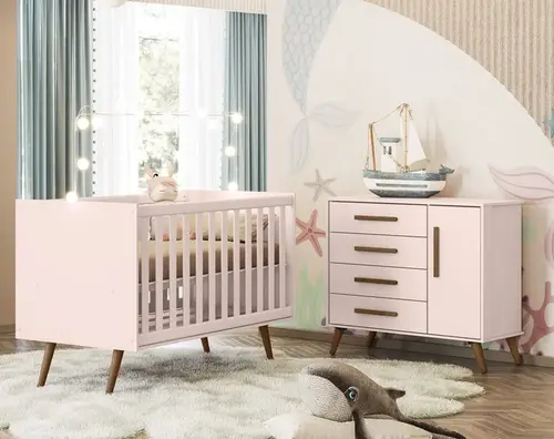 Quarto Infantil Berço Americano Com Cômoda Kit 2 Peças Qmovi - Rosa
