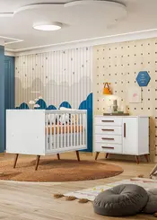 Quarto Infantil Kit Com Berço Americano E Cômoda Retrô Qmovi - Branco Acetinado