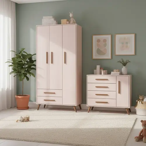 Guarda Roupa E Cômoda Kit Para Quarto Infanto Juvenil Rosa Acetinado - Qmovi