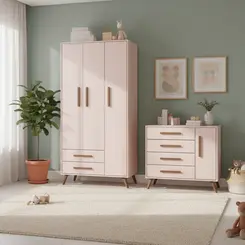 Kit Guarda Roupa E Cômoda Para Quarto Infanto Juvenil Rosa - Móveis Leartam