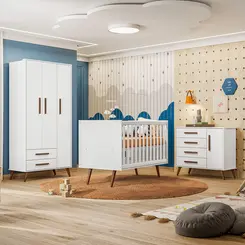 Quarto De Bebê Completo Retrô 3 Peças Berço Guarda-Roupa Cômoda  - Qmovi