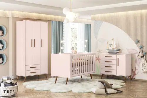 Quarto De Bebê Completo Retrô 3 Peças Berço Guarda-Roupa Cômoda  Rosa Acetinado - Qmovi