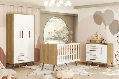 Quarto De Bebê Completo Retrô 3 Peças Berço Guarda-Roupa Cômoda  Freijó Branco - Qmovi