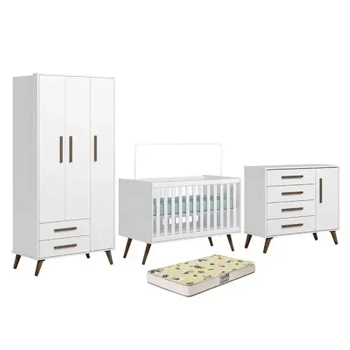 Quarto Completo De Bebê 4 Peças Berço Colchão Armário E Cômoda Retrô Branco Acetinado