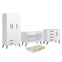 Quarto Completo De Bebê 4 Peças Berço Colchão Armário E Cômoda Retrô Branco Acetinado