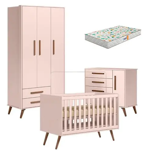 Quarto Completo De Bebê 4 Peças Berço Colchão Armário E Cômoda Retrô Rosa Acetinado
