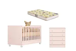 Quarto Bebê Berço Vira Mini Cama Com Colchão D-18 E Cômoda Rosa Acetinado